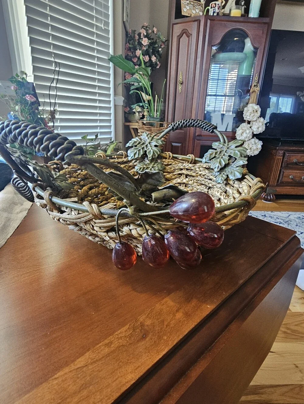 Rustic Decorative Fruit Basket Woven Wicker Metal Grape Leaves Grape Clusters